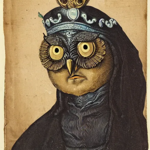 Image similar to close-up portrait of anthropomorphic owl Prince, man with a head of owl, glowing eyes, in a crown wearing long royal robe