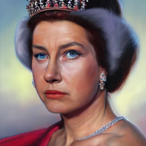 Image similar to ultra - realistic head and shoulders portrait painting of the queen. art by ken kelly. 4 k. ultra - realistic. highly detailed. epic lighting