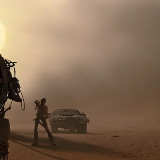 Image similar to frame from movie rango (2011), movie madmax fury road (2015) in a sandstorm