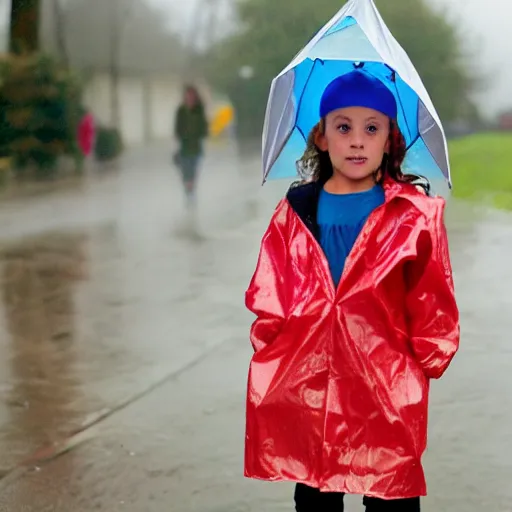 Prompt: a photograph of a seven year old girl with short wavy curly light brown hair and blue eyes wearing a colorful raincoat in the rain.