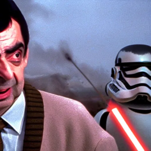 Prompt: mr bean in star wars, running away from storm troopers firing lasers