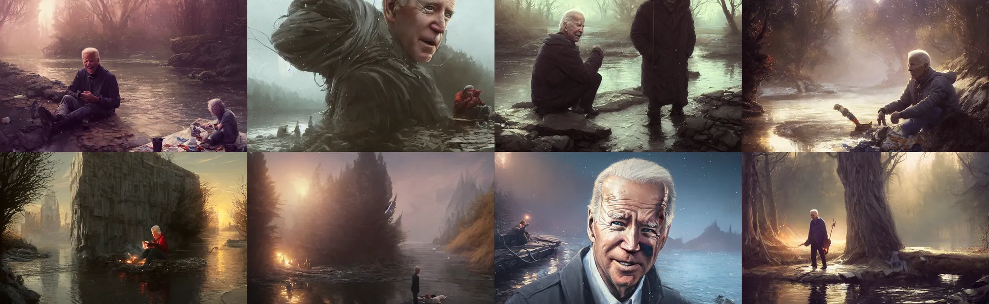 Image similar to highly detailed portrait of joe biden as a homeless, stuck in the river, stephen bliss, unreal engine, fantasy art by greg rutkowski, loish, rhads, ferdinand knab, makoto shinkai and lois van baarle, ilya kuvshinov, rossdraws, tom bagshaw, global illumination, radiant light, detailed and intricate environment