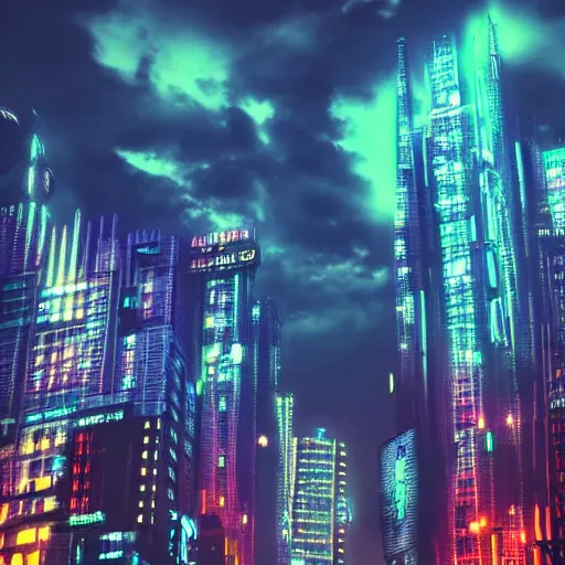 Image similar to sanatic cyberpunk world neon lighting high buildings cloudy sky cinematic lighting