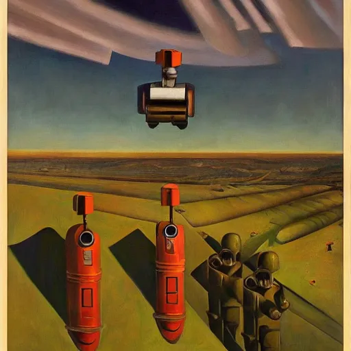 Image similar to battle robots in launch tubes, grant wood, pj crook, edward hopper, oil on canvas