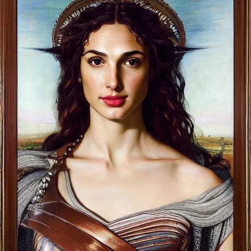 Image similar to Head and shoulders masterpiece portrait oil painting of the beautiful goddess Gal Gadot as Artemisa, she is wearing roman clothes and a surreal jewelry, her hair is natural disheveled, she is approaching heaven over the clouds, naturalism, dramatic lighting, high-detailed oil painting by Ilya Repin, Michelangelo da Caravaggio, William Blake, Alex Grey and Beksinski, trending on Artsation, hystorical painting, naturalism, masterpiece, 4k, 8k,