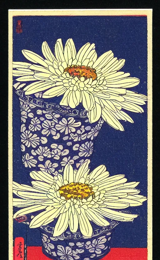 Prompt: by akio watanabe, manga art, chrysanthemum flower inside small japanese sake cup, trading card front