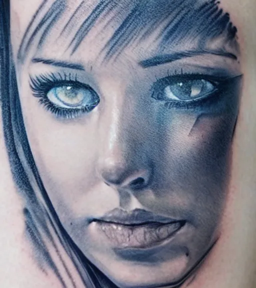 Image similar to tattoo design sketch of a beautiful blue - eyed woman face with a faded background of beautiful mountains and nature on her side, hyper - realistic, in the style of den yakovlev, amazing detail, black and white