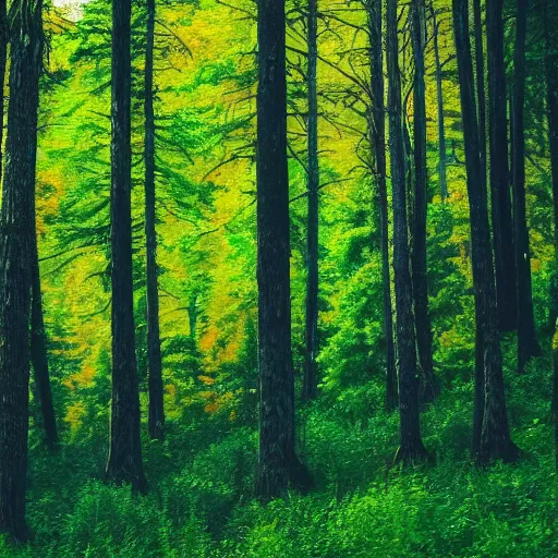 Image similar to A forest landscape with different hues of blue and green and orange