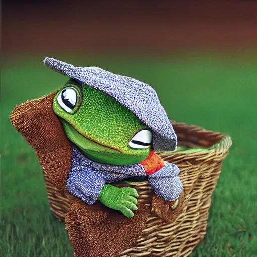 Prompt: Pepe the Frog. Pepe the Frog sitting on a picnic in the park. 35mm, focused, soft lights, International Photography Awards, photo by Steve Hanks, Pepe-art