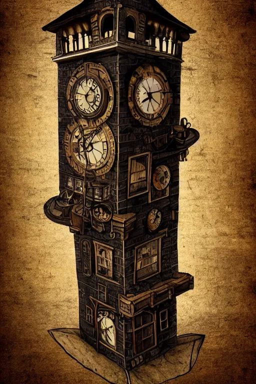 Prompt: the impossible clock tower on the top of a mountain, tower, building, steampunk, papyrus, parchment