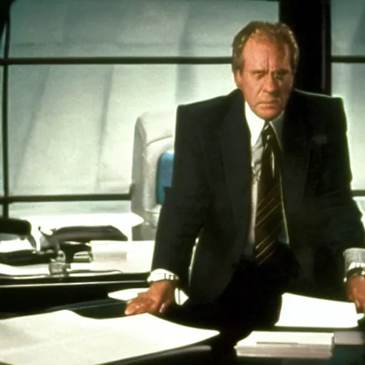 Image similar to an older corporate executive, film still from a ridley scott sci - fi movie, dark and beige atmosphere, dark science fiction from the 1 9 8 0 s