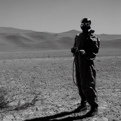 Image similar to a man wearing a hazmat suit and gasmask, in the desert, film still, panavision panaflex