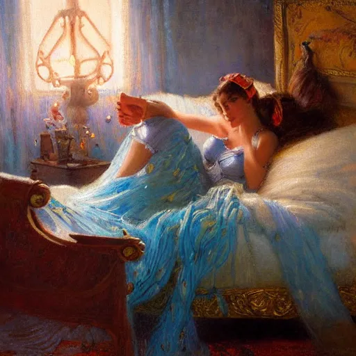 Prompt: Gaston Bussiere painting of D.va (Overwatch) lounging in her bedroom, dramatic lightning, candlelit