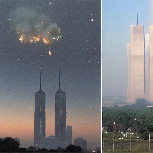 Image similar to meteor crashing into Twin Towers