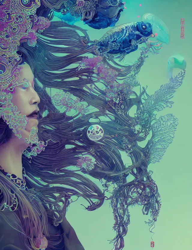 Image similar to 3 d goddess close - up profile solarpunk portrait ram skull. beautiful intricately detailed japanese crow kitsune mask and clasical japanese kimono. betta fish, jellyfish phoenix, bio luminescent, plasma, ice, water, wind, creature, artwork by tooth wu and wlop and beeple and greg rutkowski