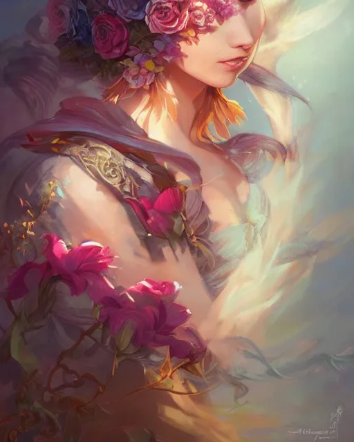 Prompt: flower princess portrait, jesper ejsing, artgerm, peter mohrbacher, halo of light, gilding