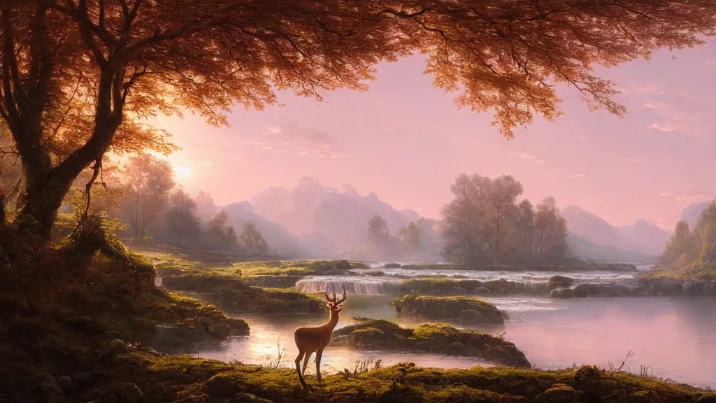 Image similar to the most beautiful panoramic landscape, oil painting, where a giant dreamy waterfall creates a river, the trees around are starting to bloom in pink color, a majestic deer is drinking water from the river and a ray light of the sunset is brightening him, by greg rutkowski