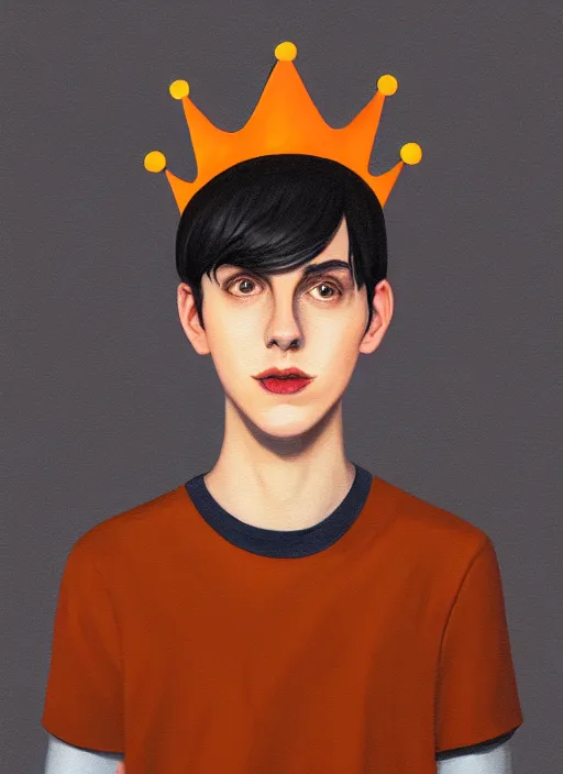 Image similar to portrait of teenage jughead jones wearing a light grey crown, crown, hamburger background, eyes closed, crown, black hair, orange, intricate, elegant, glowing lights, warm lighting, highly detailed, digital painting, artstation, concept art, smooth, sharp focus, illustration, art by wlop, mars ravelo and greg rutkowski