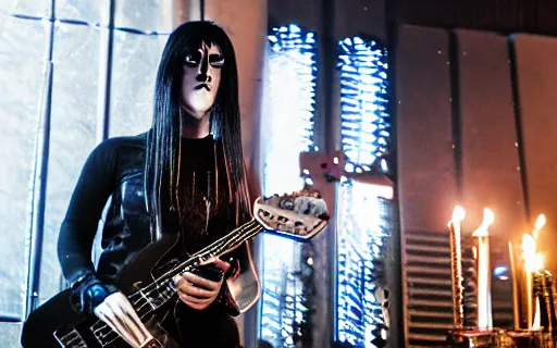 Prompt: cyberpunk black metal band, guitarists, bassist, drummer, vocalist, all black cyberpunk clothes, robotic prosthetic limbs, dermal implants, detailed faces, cyborg satan, futuristic, realistic, promo photograph, epk, room full of candles, high quality photograph, highly detailed