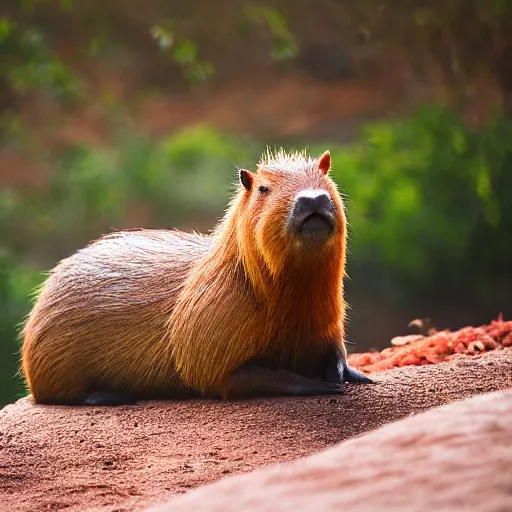 Prompt: capybara with red glowing ring above its head