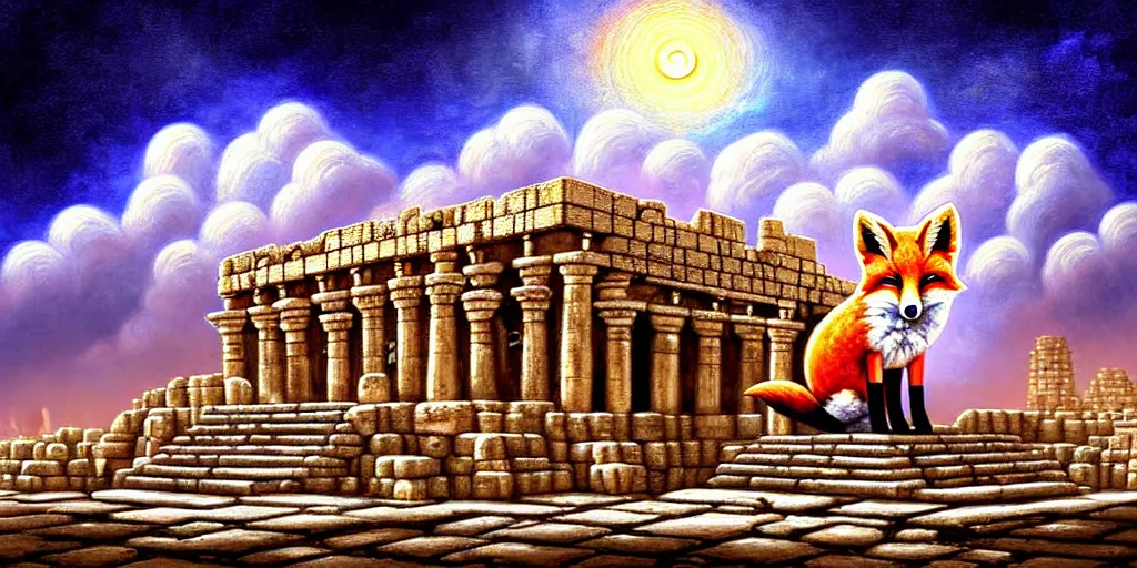 Image similar to illusion painting hidden temple in the clouds : an adorable small fox in the huge ruins of the second temple in jerusalem. a new temple hovers quietly hiding in the dreamy clouds above. a hooded bearded old man in a brown tunic laughing, colorful 8 k, art station, intricate superb details, digital art, illusion painting hidden image.