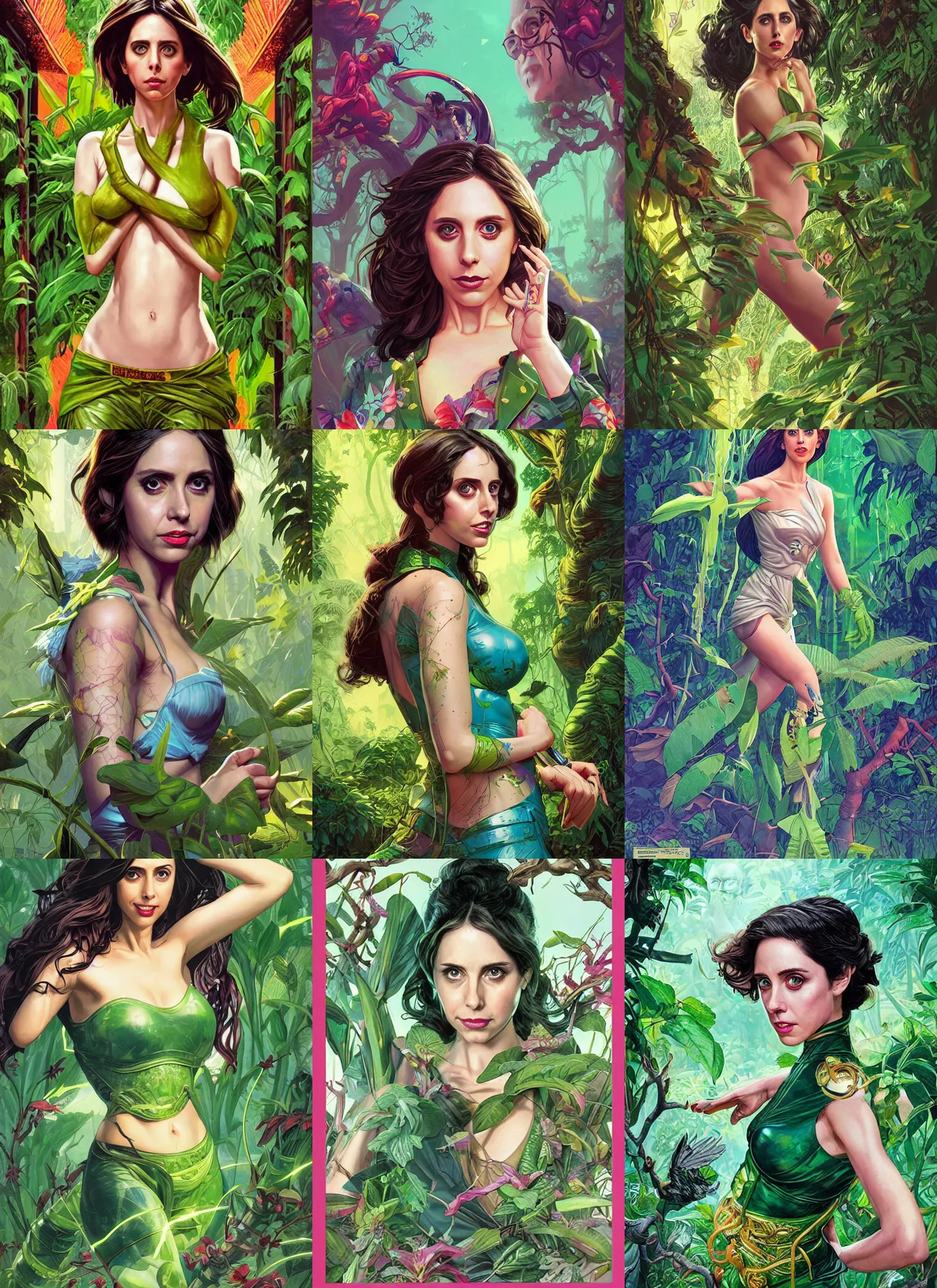 Prompt: a comic book style fantasy portrait painting of a Alison Brie in a bright serene lush green temple setting, art by Tristan Eaton, Stanley Artgerm, Tom Bagshaw, Greg Rutkowski, Carne Griffiths