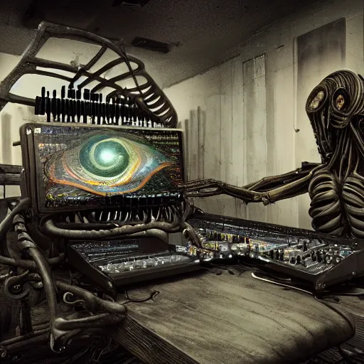 Image similar to huge audio production station interconnected with human female in the style of h.r. giger, keyboards, synthesizers, airbrush, canvas, biomechanical, surreal, nightmarish, cold, 8k, highly detailed, ultra-realistic, octane render,