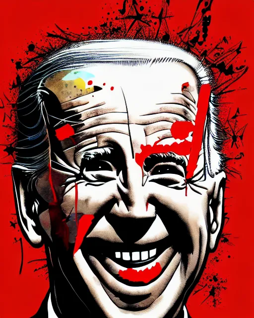 Image similar to an political caricature of joe biden, by gerald scarf and ralph steadman, illustration, ink drips, front angle, ink splatters, pen and ink, flat color, distorted features, spittle, drawing, facing front, anatomically correct, beautiful perfect face, sharp focus, highly detailed, cinematic lighting, 8 k, hd