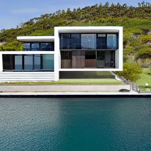 Prompt: modern house black, in the ocean