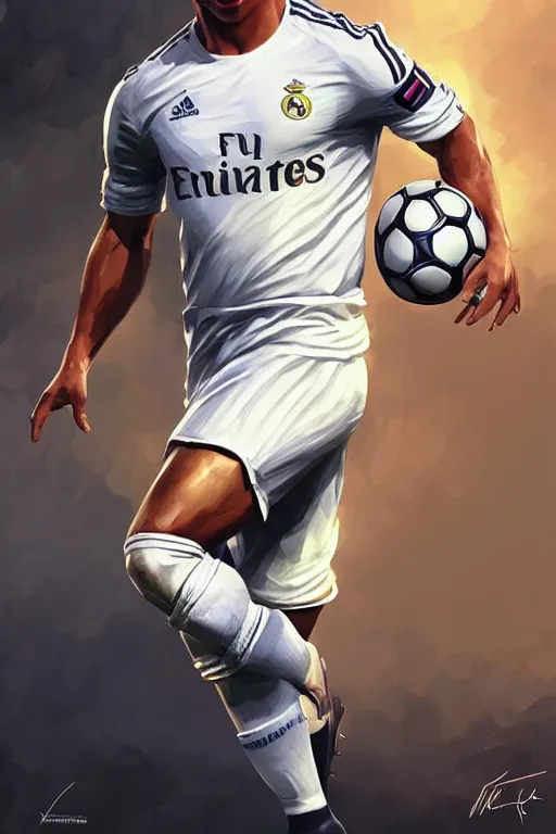 Image similar to ronaldo luis nazario da lima, football player, highly detailed, digital painting, artstation, concept art, smooth, sharp focus, illustration, art by artgerm and greg rutkowski and alphonse mucha