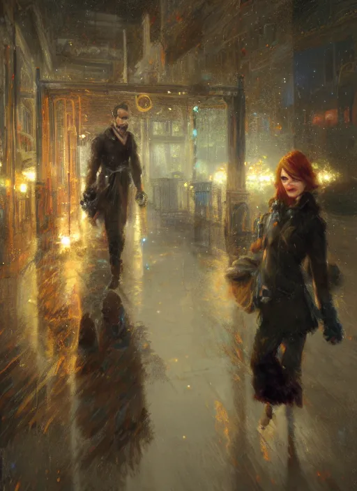 Prompt: emma stone walking into new york building, christmas, artwork by gaston bussiere, craig mullins, trending on artstation