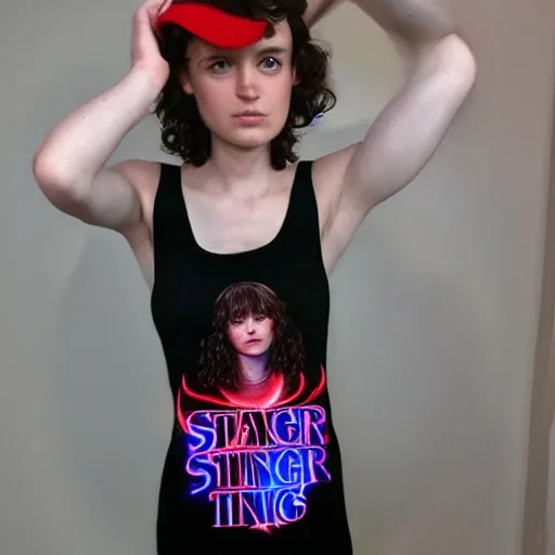 Image similar to full body painting of the stranger things logo on a beautiful fashion model