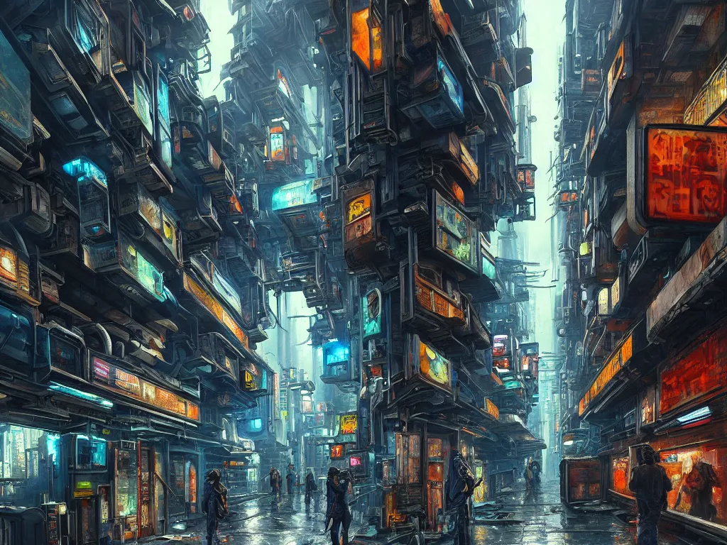 Prompt: realistic painting of a complex, distorted, gritty alleyway of a futuristic city, piping, concept art, technological screens, cyberpunk style, cyberpunk ads, hieroglyphic signs, computation, intricate detail, noriyoshi ohrai and edward hopper, realism, blue color scheme, trending on artstation