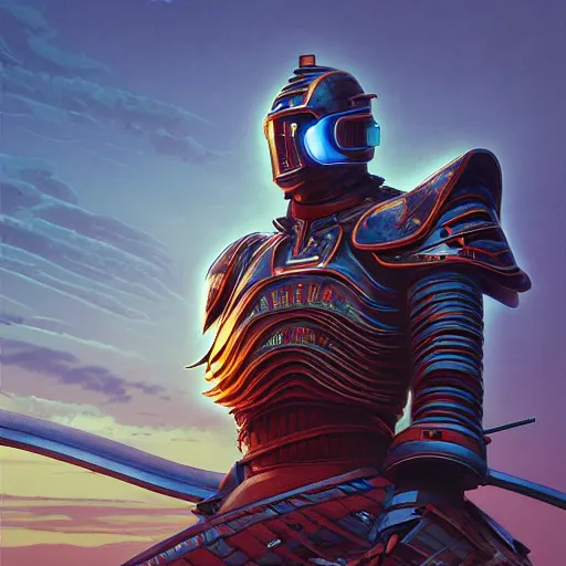 Image similar to samurai cyborg, armor designed by jony ive in cybercity, golden hour, poster by michael whelan and gilbert williams and evgeny lushpin and artgerm and alena aenami, 3 0 mm, well proportioned, highly detailed, rule of thirds, long exposure