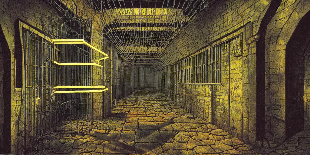 Prompt: Artwork by Tim White of the cinematic view of the Seventh Terrifying Prison.