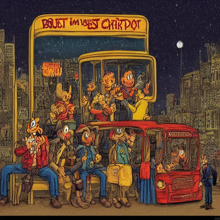 Image similar to some people waiting in bus stop in quiet dark city night, detailed, high quality, high resolution, color illustration by don rosa