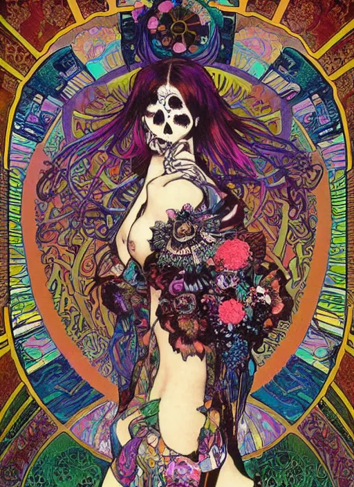 Image similar to cute punk goth fashion fractal Día de los Muertos tattooed hologram girl posing, psychedelic poster art of by Victor Moscoso Rick Griffin Alphonse Mucha Gustav Klimt Ayami Kojima Amano Charlie Bowater, masterpiece