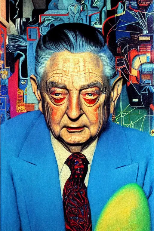 Image similar to 8 0 s art deco portrait of george soros, like a dream oil painting curvalinear clothing cinematic dramatic cyberpunk textural fluid lines otherworldly vaporwave interesting details fantasy lut epic composition by basquiat zdzisław beksinski james jean artgerm rutkowski moebius francis bacon gustav klimt