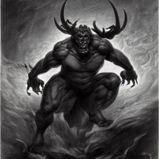 Image similar to full body grayscale drawing by Gustave Dore of muscled humanoid balrog beast with horns in heroic pose, swirling flames in background