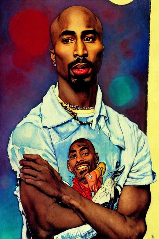 Image similar to Tupac, illustrated in whimsical style, Illustration by Norman Rockwell, loish, oil painting,