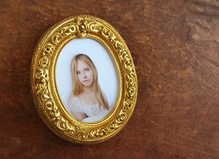 Image similar to beautiful baroque oval portrait picture frame, royal, gilded with gold, magical, fantasy, metallic, product photography