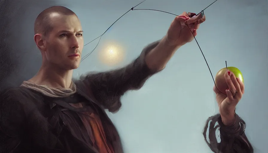 Image similar to william tell, shooting an arrow at an apple on steve jobs head, cyberpunk art by tom bagshaw, yumihiko amano, cgsociety, figurative art, toonami, zbrush, official art