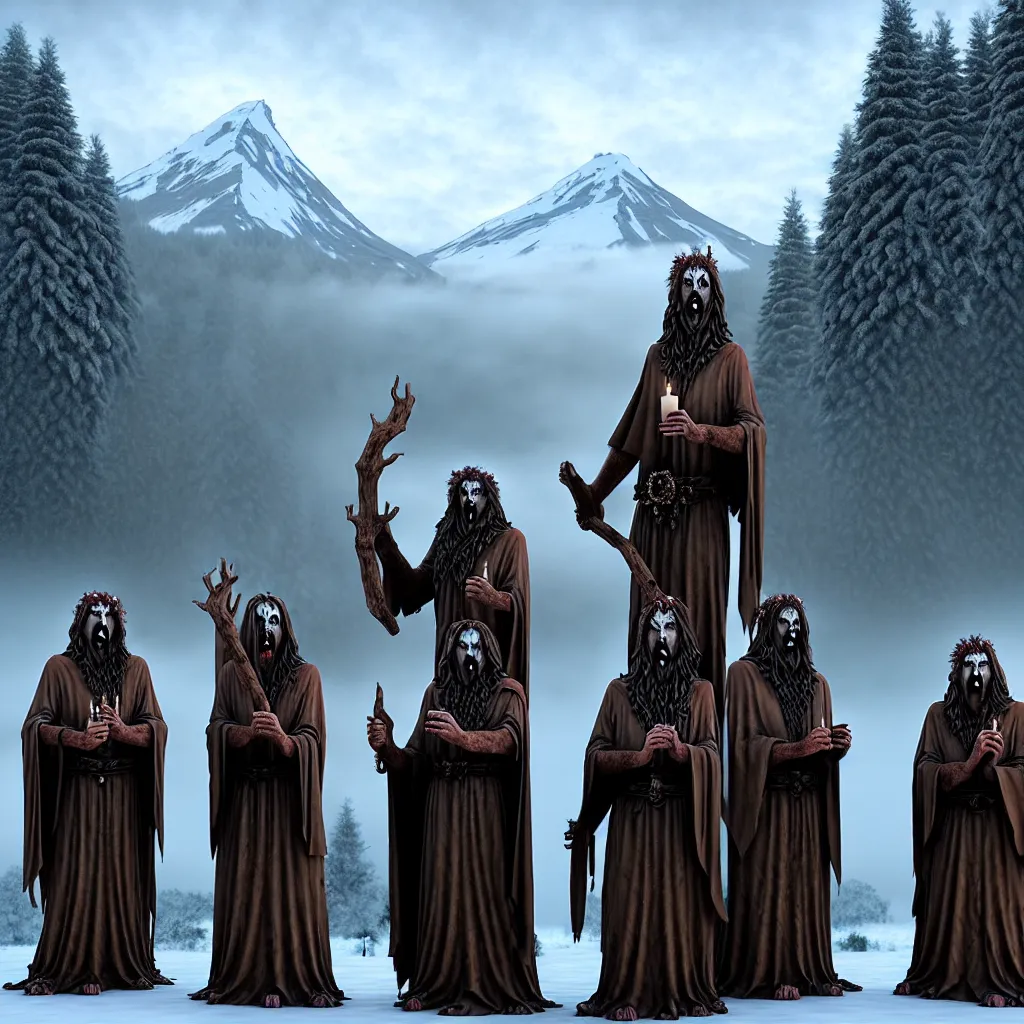 Image similar to evil druids performing a ritual, wooden statue, snowy mountain background, a detailed matte painting, fantasy, foggy, grim, dark