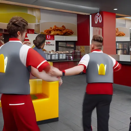 Prompt: macdonalds restaurant staff fighting with kfc restaurant staff, hyper real, 8 k, octane render, vivid, bright, photo realistic, city street, riot