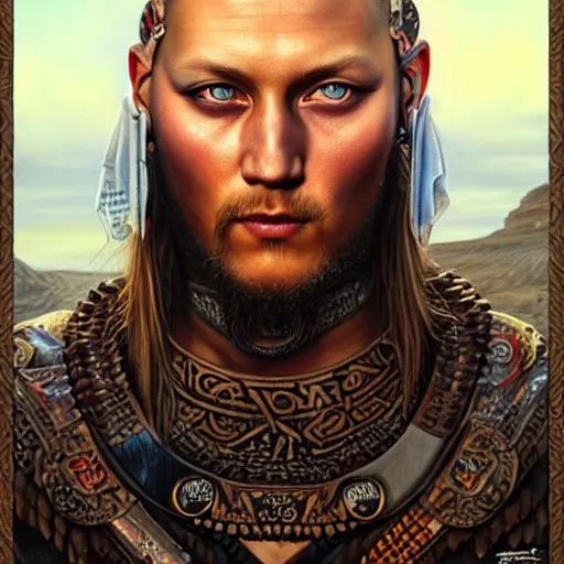 Prompt: ultra realistic portrait painting of a ragnar from the vikings with blue eyes and tribal tattoo, painted by Tristan Eaton Stanley Artgerm and Tom Bagshaw