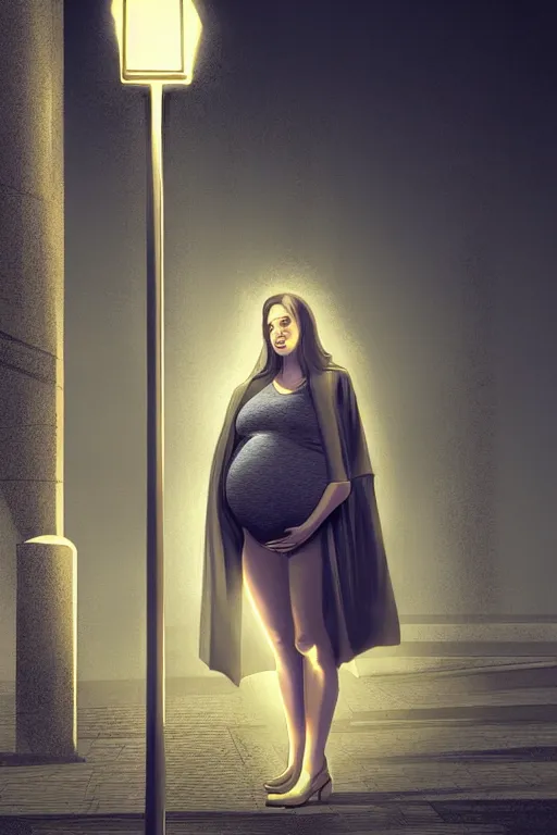 Image similar to pregnant woman under street light, highly detailed, sharp focused, ultra realistic digital concept art by Nil Tawata