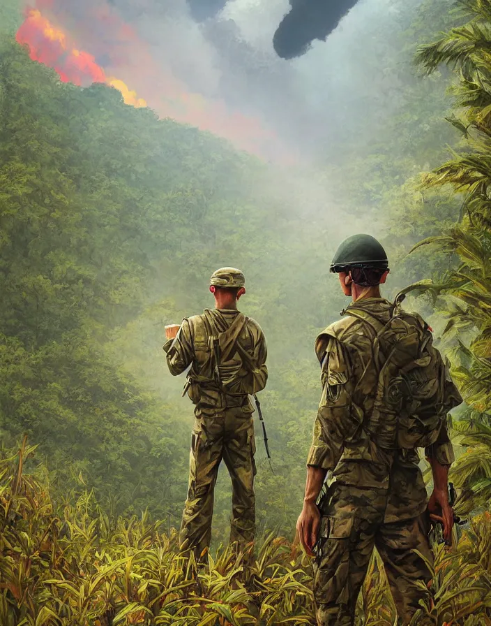 Prompt: A lonely american soldier beholds the vastness of the jungle at the Vietnam War, fire and grey and white mist, boixcar style, vaporwave vaporwave vaporwave oil on canvas cover art with warm and vibrant colors, cinematic lighting, art by Stanley ‘Artgerm’ Lau, Greg Rutkowski and Alex Ross, award-winning masterpiece with incredible and beautiful details digital art, trending on artstation, smooth, HD, 4K