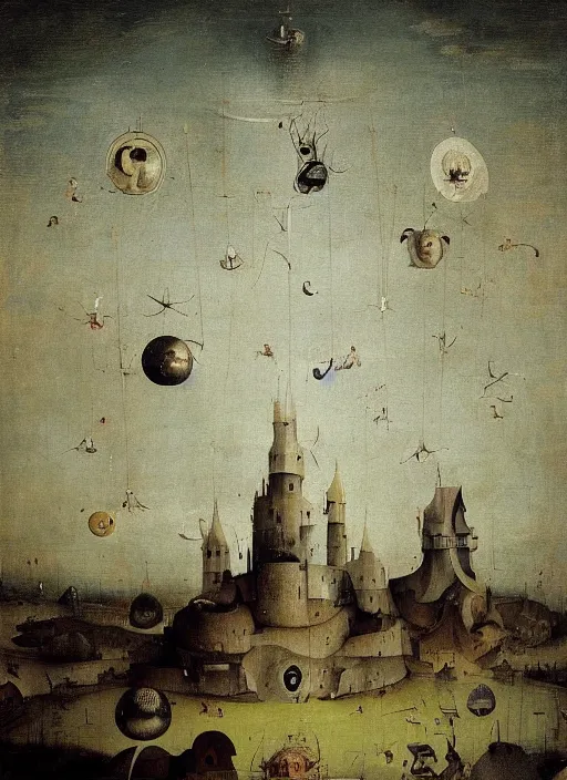 Prompt: disc-like floating objects in the sky painted by hieronymus bosch, detailed digital art, trending on Artstation