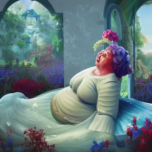 Image similar to of a very beautiful scene. ambient occlusion render. a sweet fat old woman is giving a birth to a huge colorful fish. flowery dress. mirror. symmetrical face, red mouth, blue eyes. deep focus, lovely scene. ambient occlusion render. concept art. unreal engine.