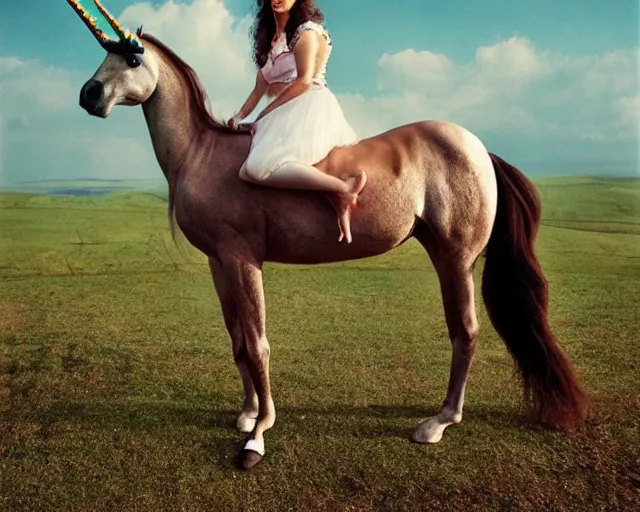 Image similar to photo of a woman riding a unicorn, photo by annie liebovitz